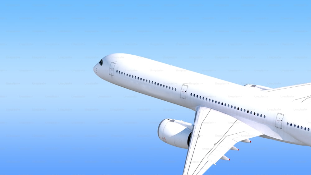 Un grande aeroplano bianco che vola attraverso un cielo blu