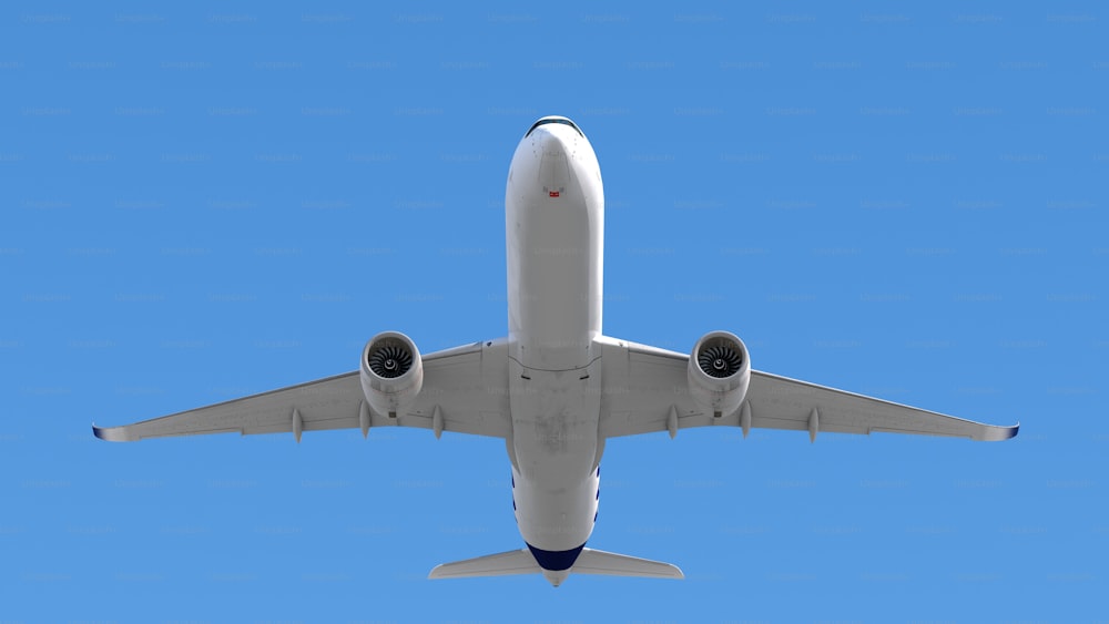 a large jetliner flying through a blue sky