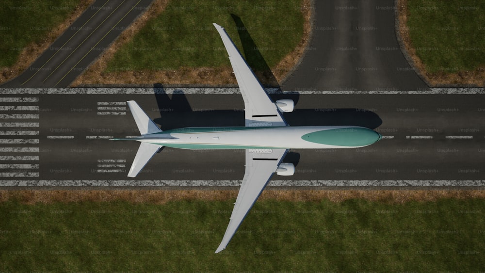 a large jetliner flying over a lush green field