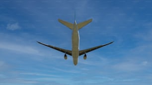 a large jetliner flying through a blue sky