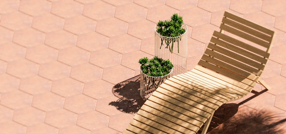 Un banco de madera sentado junto a una planta en maceta