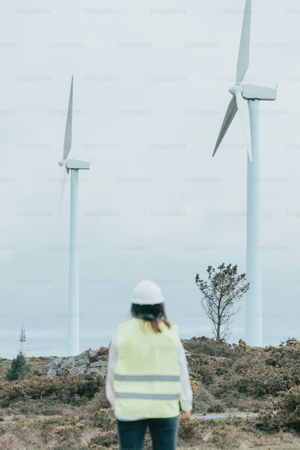a person standing in front of wind turbines