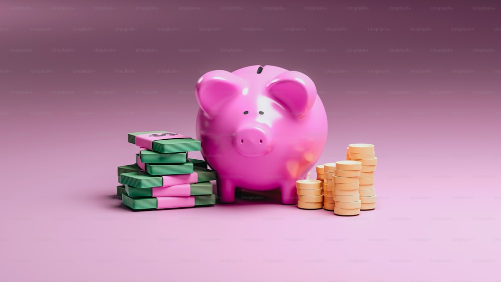 a pink piggy bank next to stacks of coins