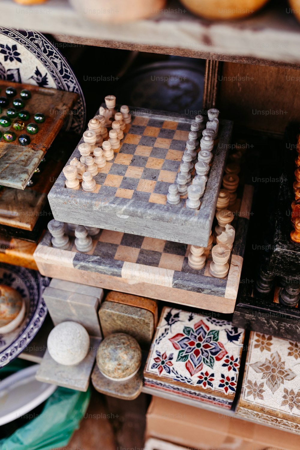 a close up of a chess board on a table