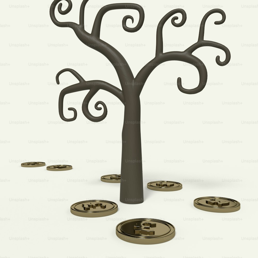 uma árvore que está ao lado de algumas moedas