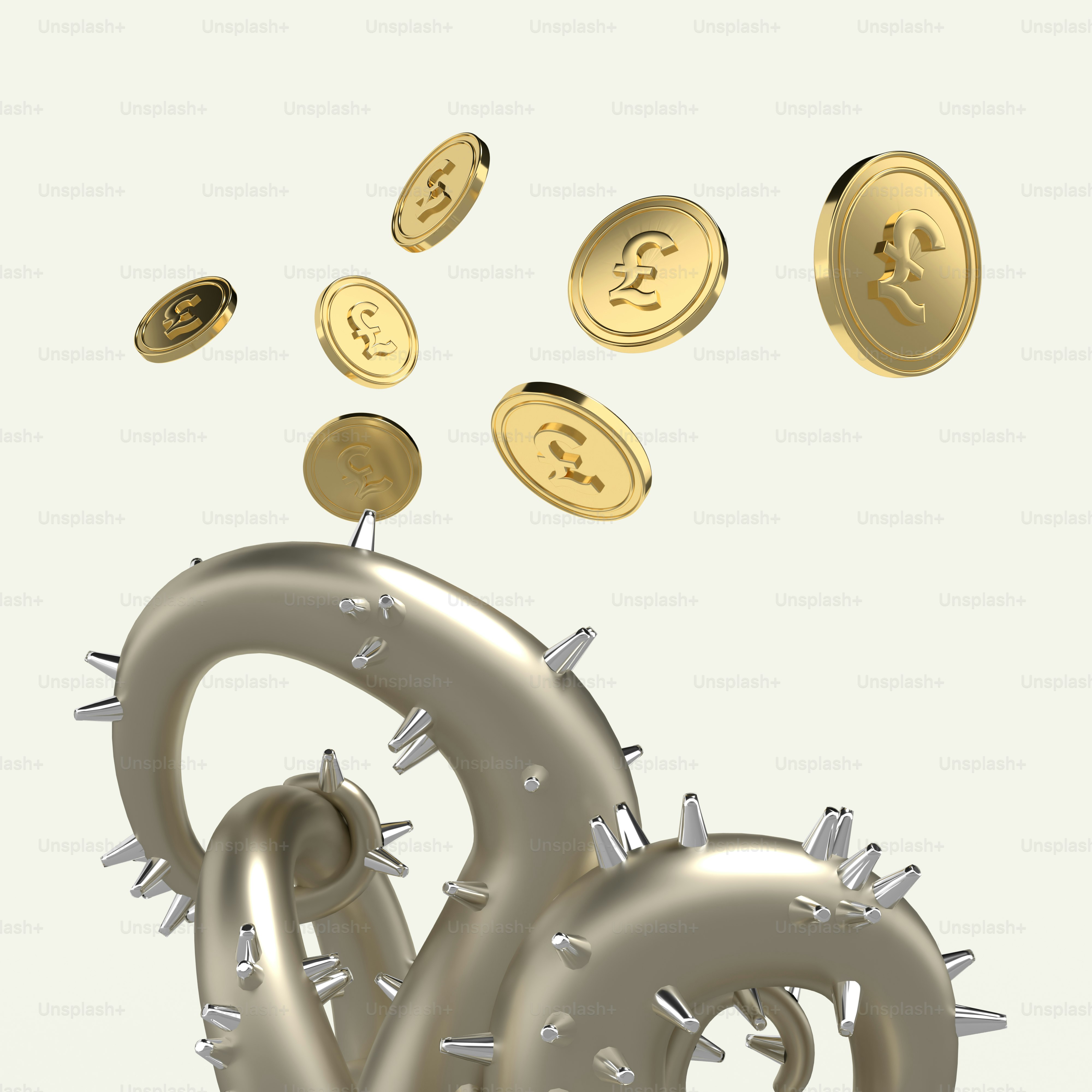 a bunch of gold and silver objects flying through the air