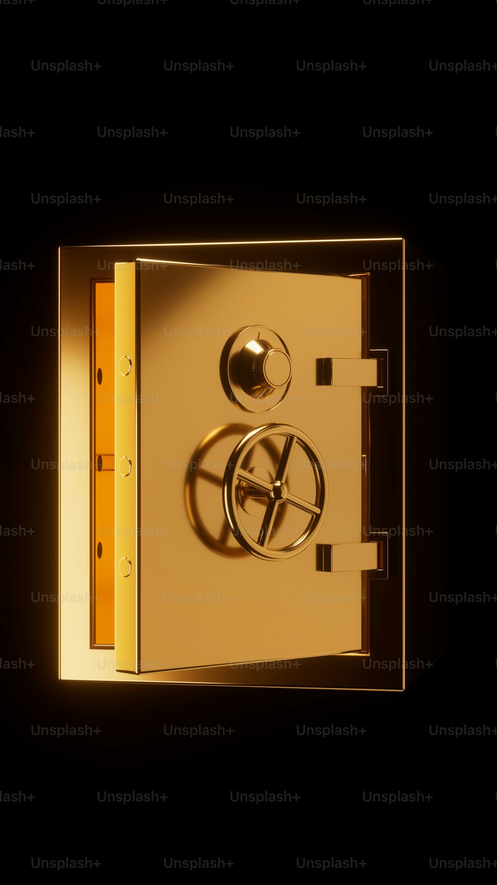 a golden safe with a door open and a key in it