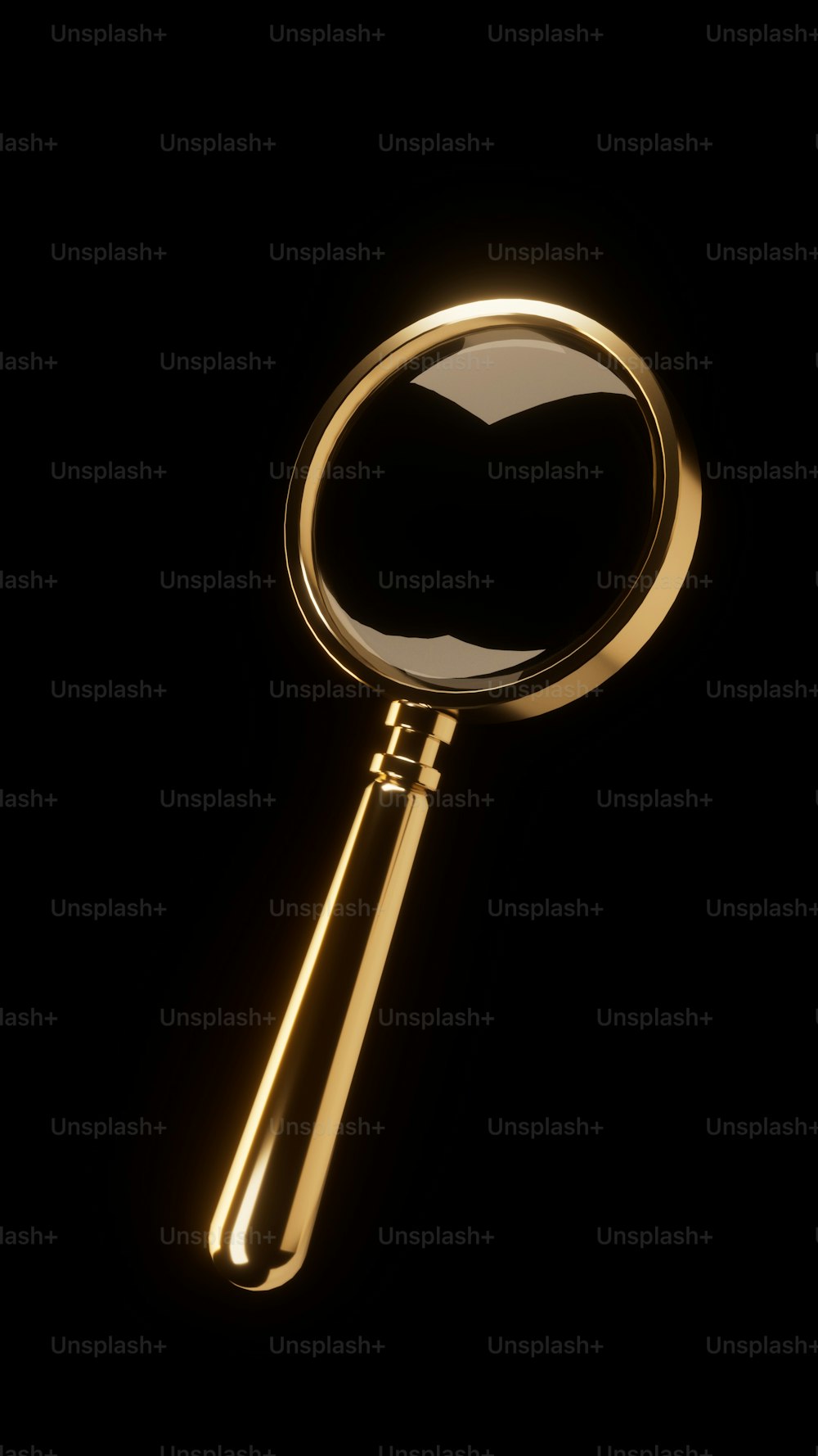 a golden magnifying glass on a black background
