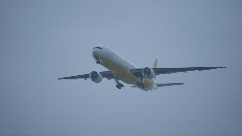 a large jetliner flying through a foggy sky