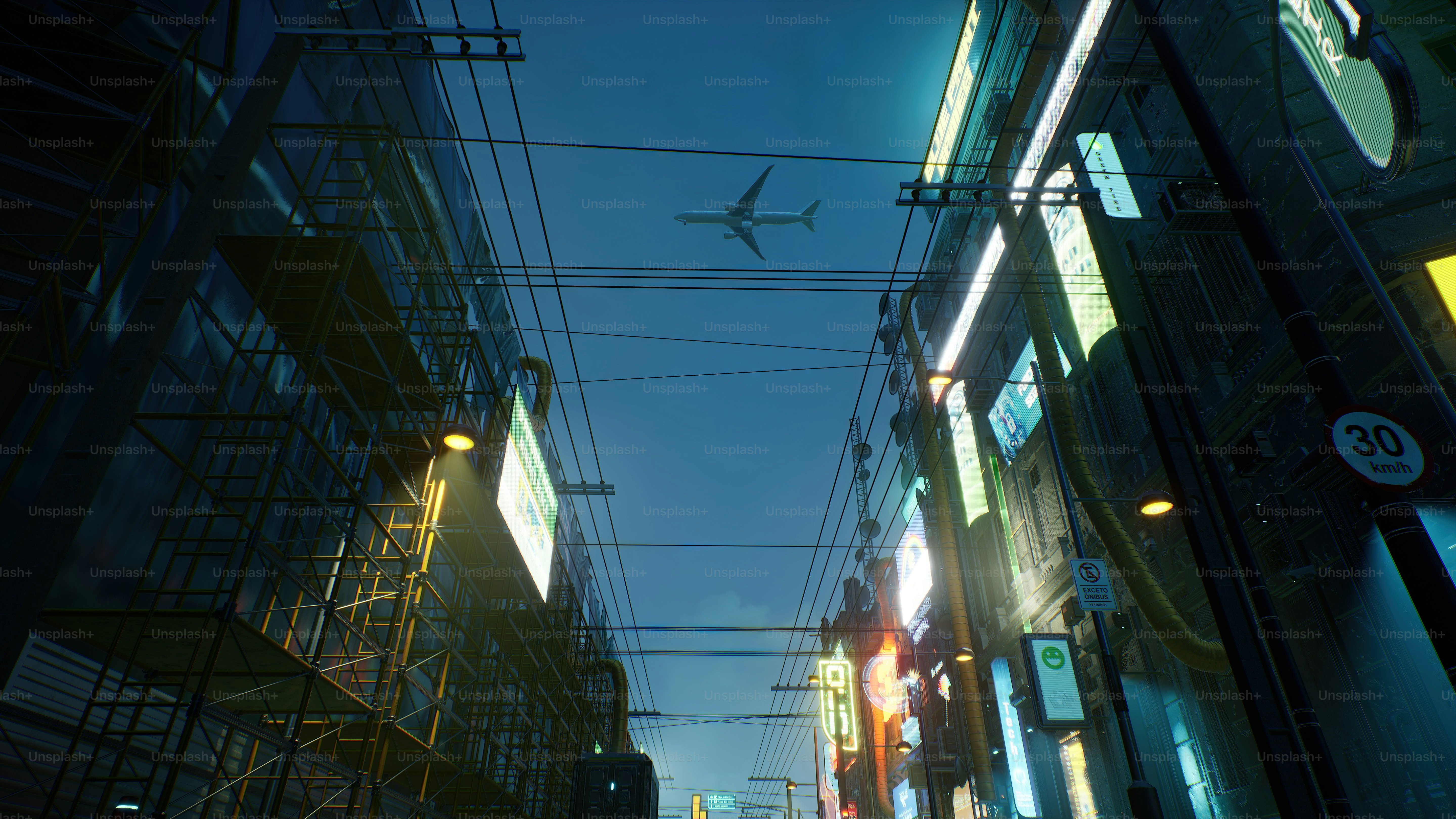 Un avión sobrevuela una calle de la ciudad