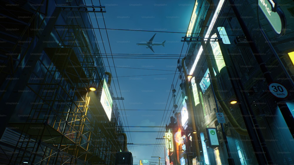 an airplane is flying over a city street