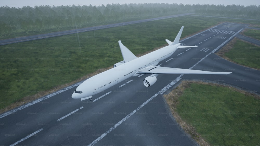 a large jetliner flying over a lush green field