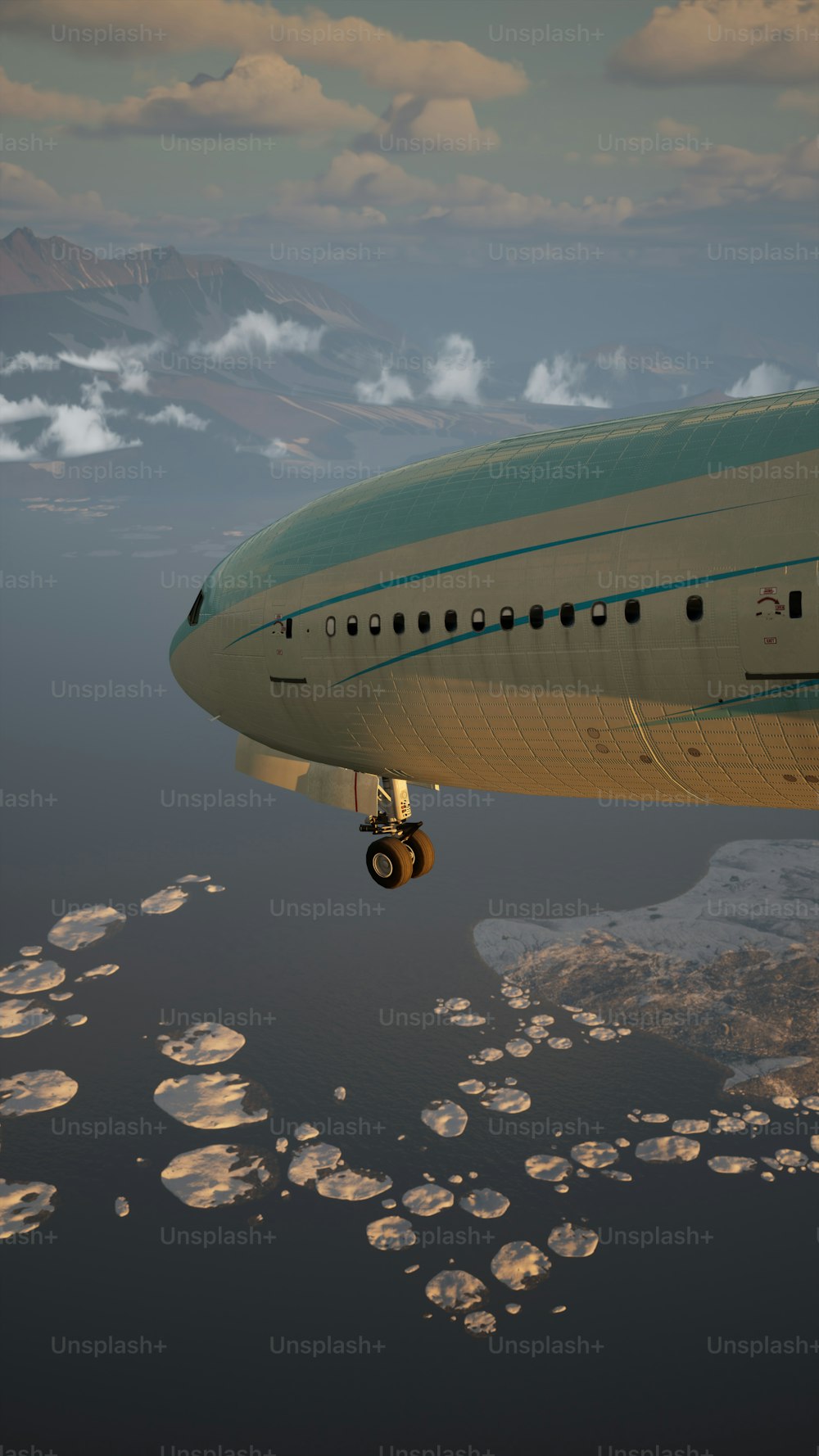 Un grande aeroplano che sorvola uno specchio d'acqua