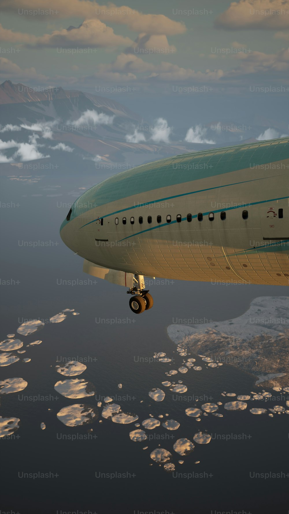 a large airplane flying over a body of water