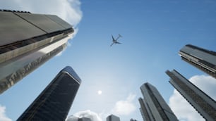 都市の上空を飛ぶ飛行機