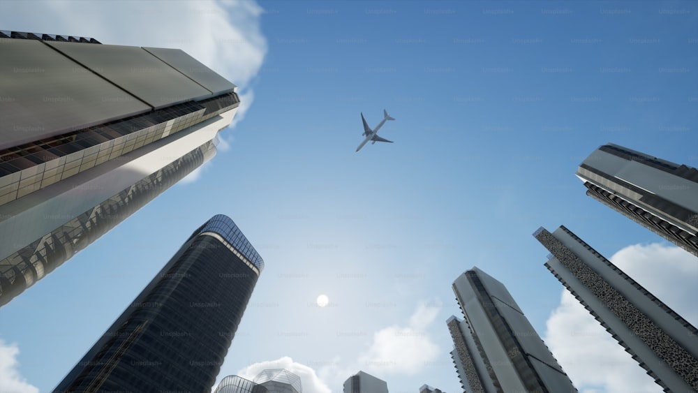Ein Flugzeug, das am Himmel über einer Stadt fliegt
