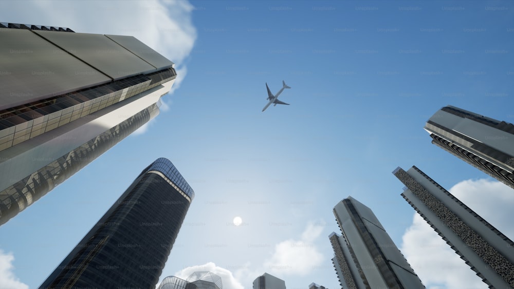 an airplane flying in the sky over a city