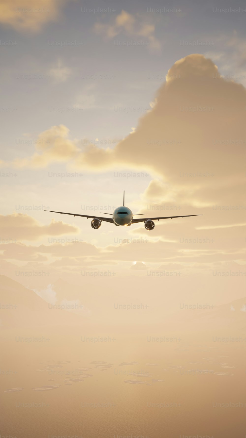 an airplane is flying in the sky at sunset