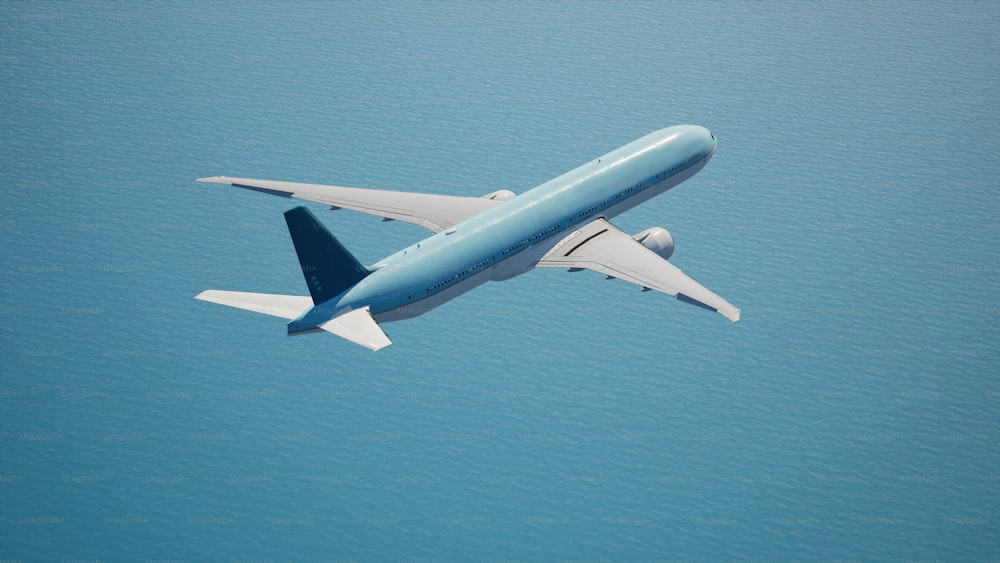 Un avion bleu et blanc volant dans le ciel
