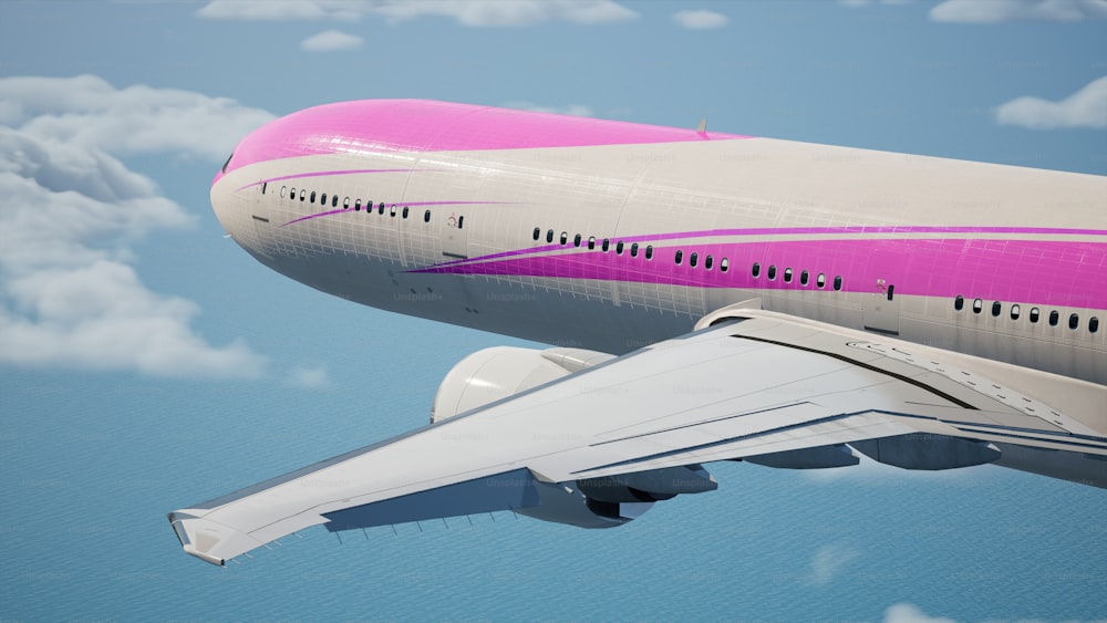 空を飛ぶピンクと白の飛行機