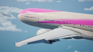 a pink and white airplane flying in the sky