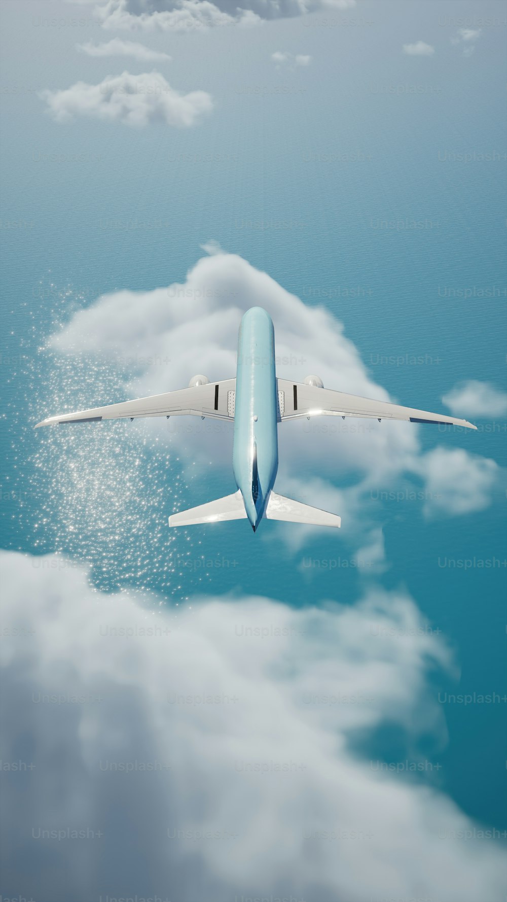 a blue and white airplane flying in the sky