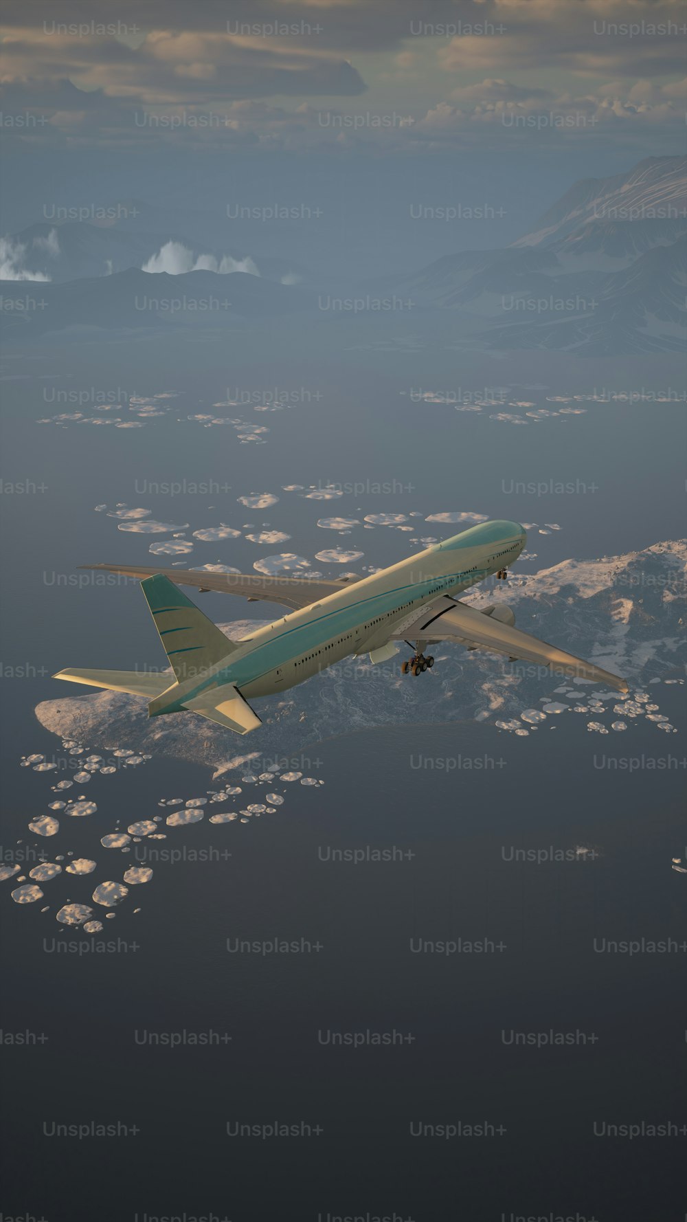 曇り空を飛ぶ大型ジェット旅客機