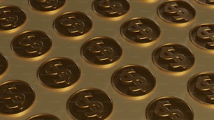 Muchos signos de dólar de oro en una superficie metálica