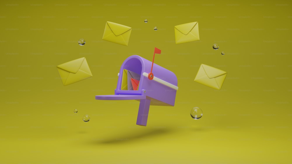 une boîte aux lettres violette avec une tasse rouge dedans