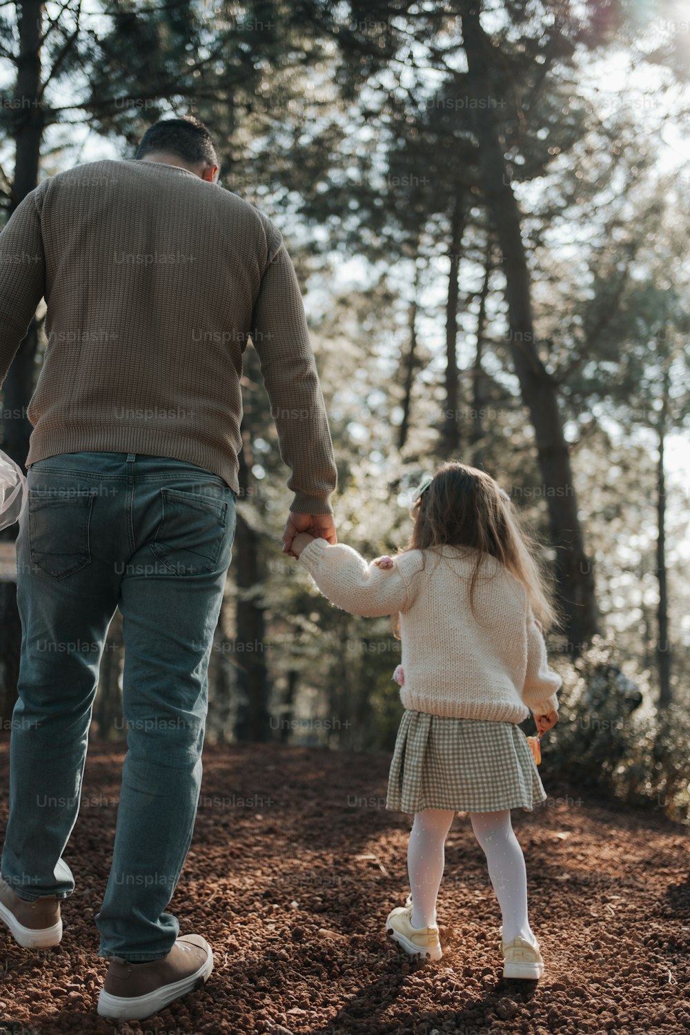 a man and a little girl holding hands in the woods