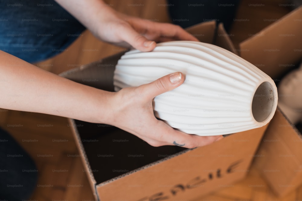 a person holding a large white object in a box