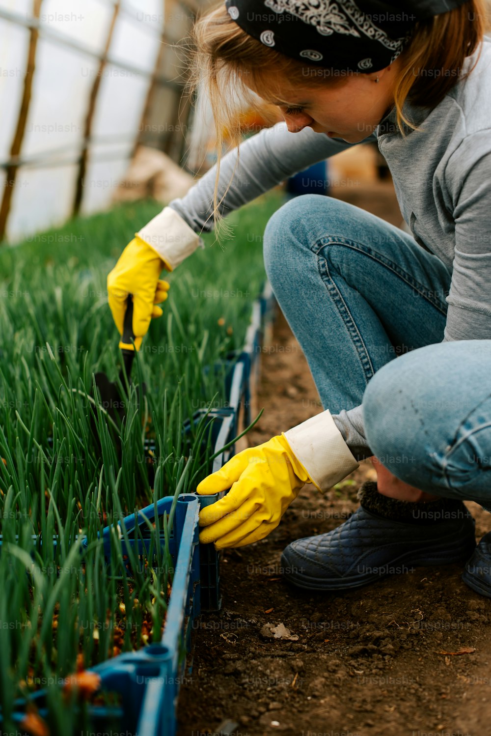 a woman kneeling down in a field of grass