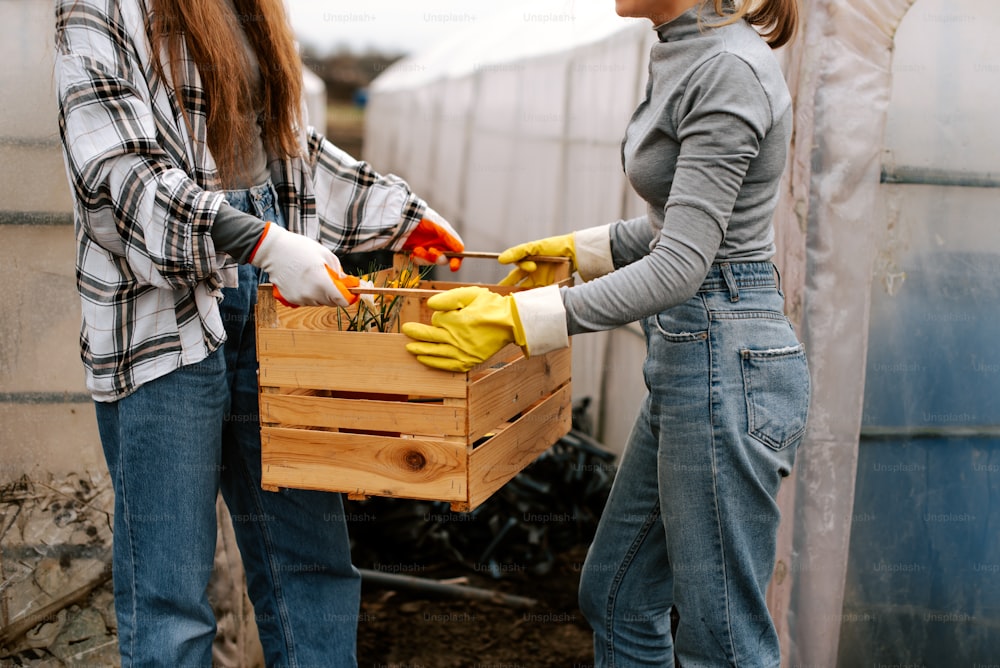 two women in overalls are holding a crate