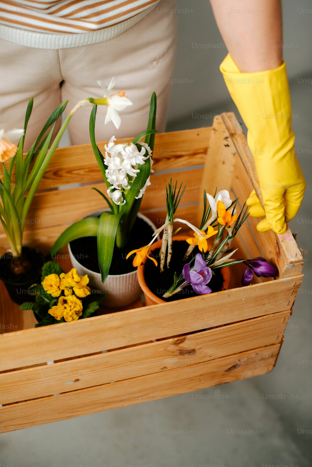 a person holding a wooden box filled with flowers