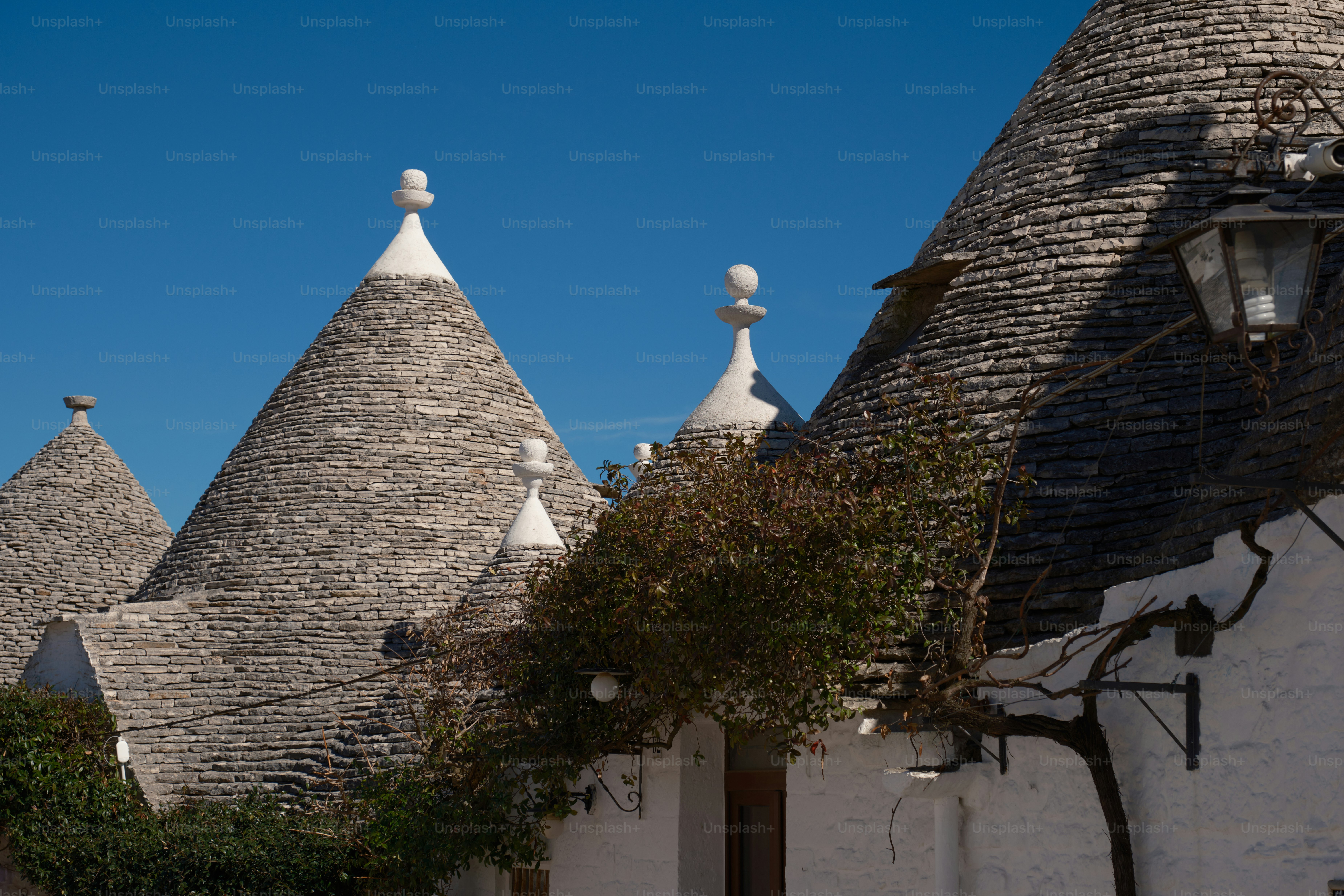 a row of houses with white roof tops