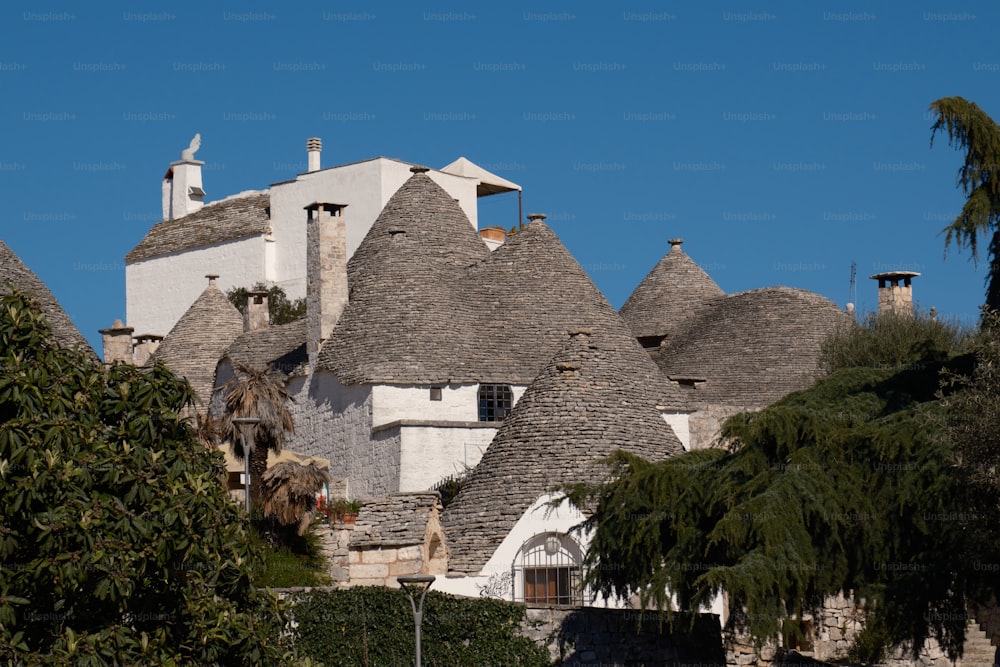 a row of thatched roof houses with palm trees in front of them