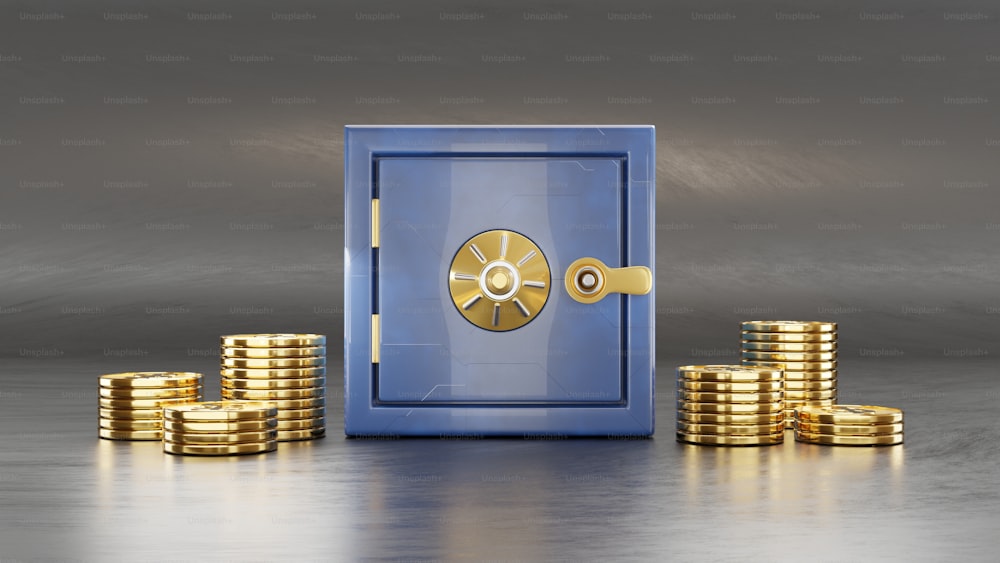 Una caja fuerte azul rodeada de pilas de monedas de oro