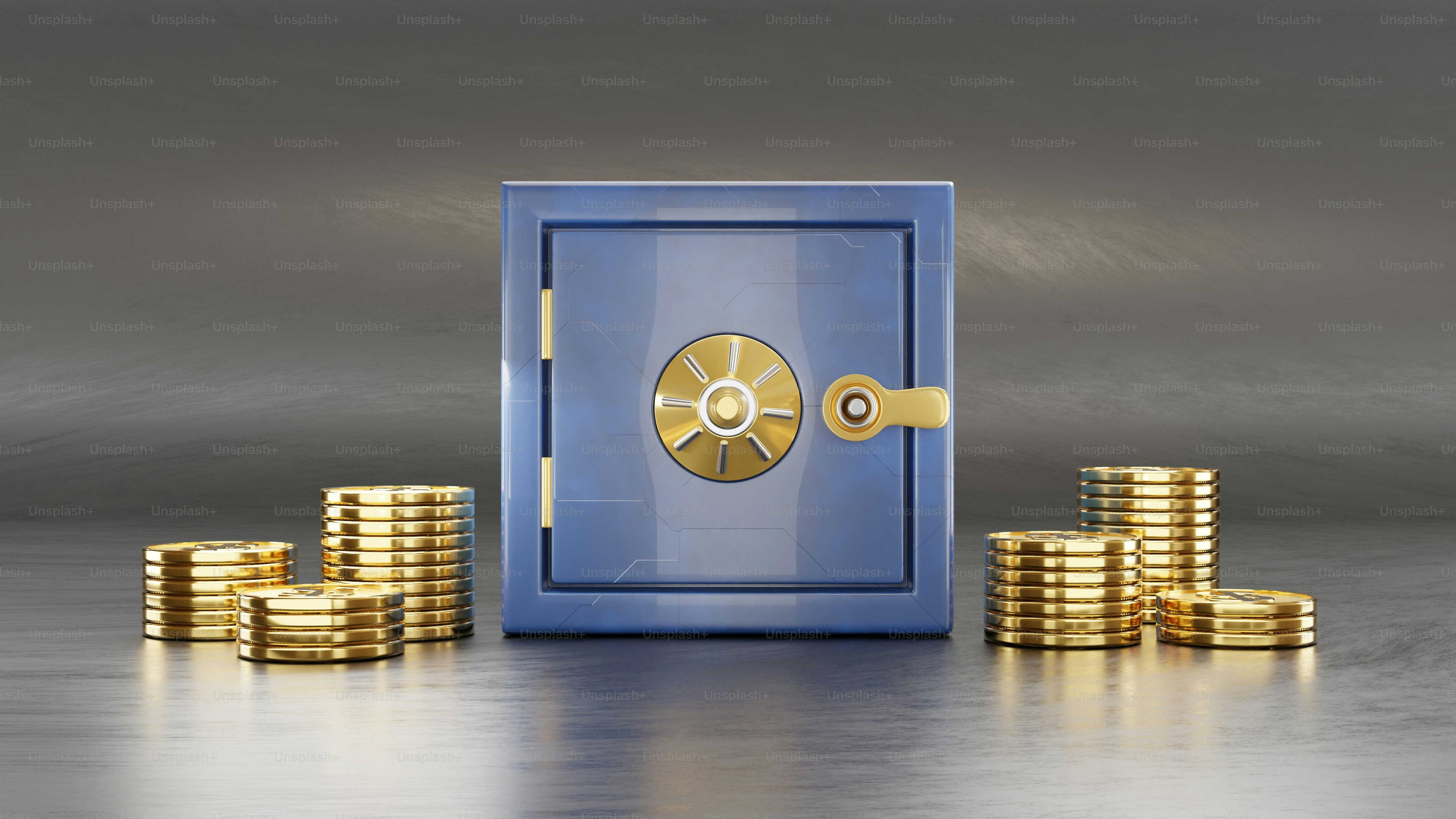 3D Render Money Safe Box and Gold Coin Stack.