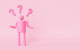 a pink figure with question marks coming out of it
