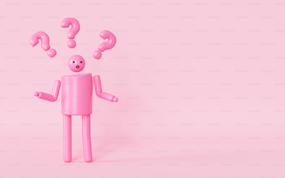 a pink figure with question marks coming out of it