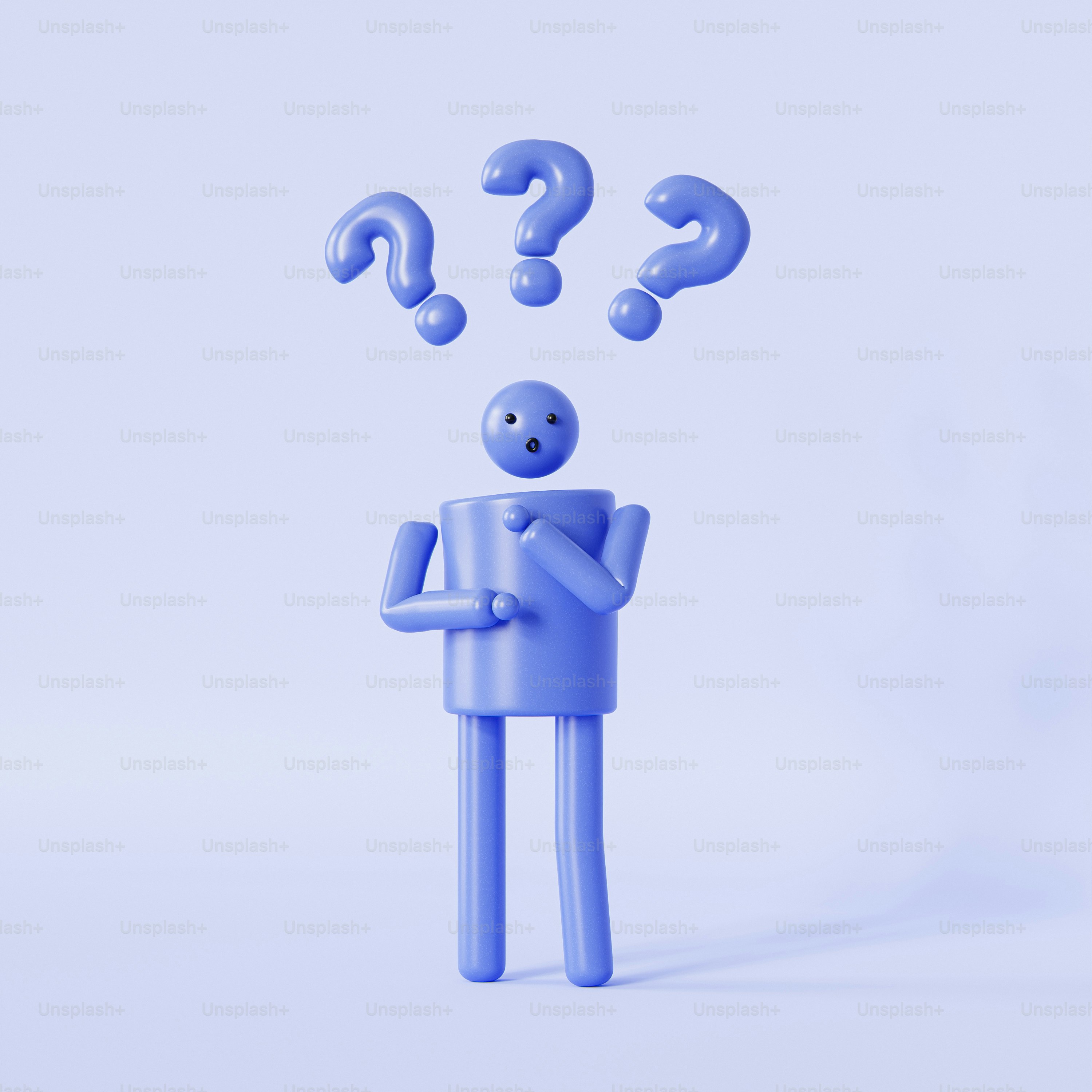 a blue man with question marks coming out of his head