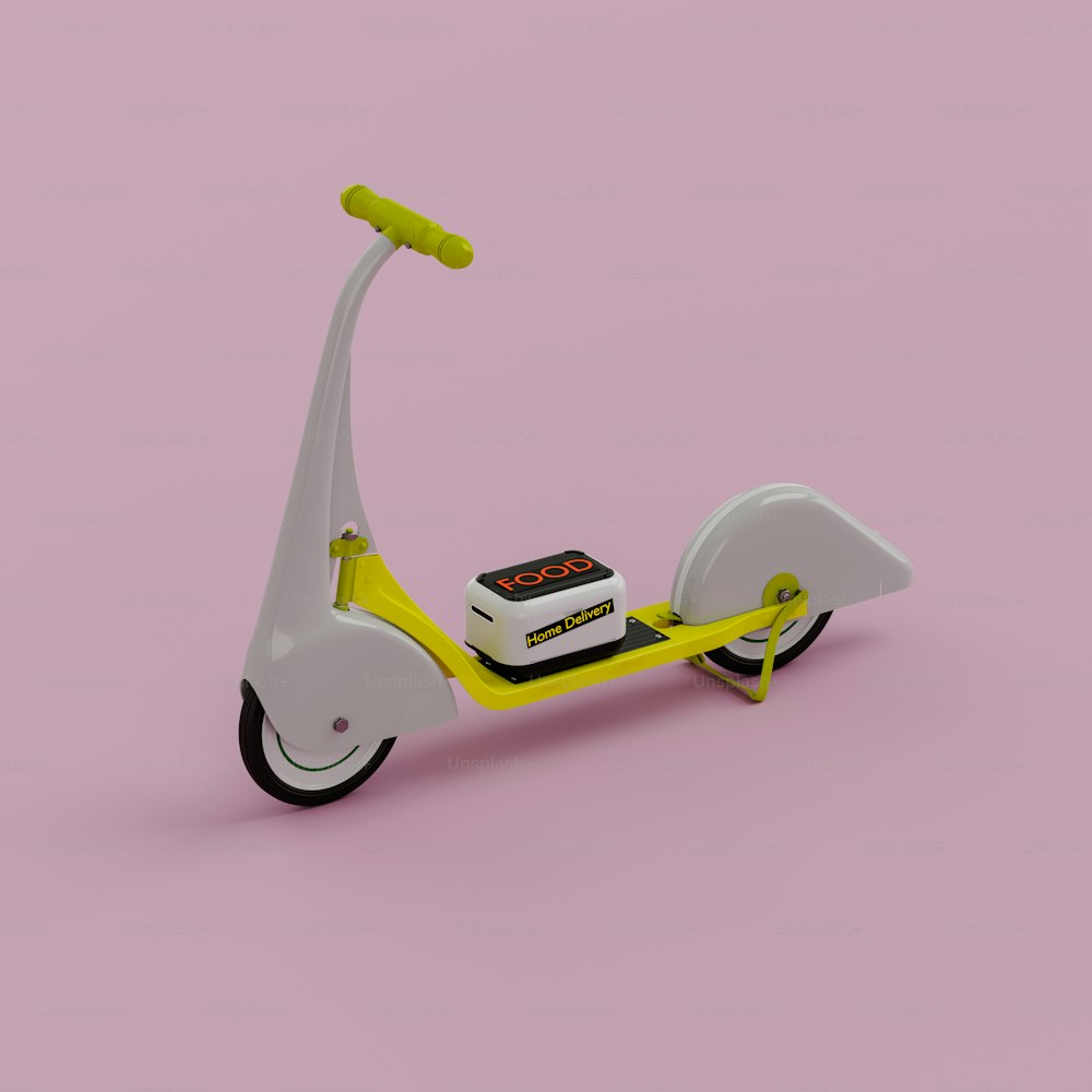 uma scooter amarela e branca em um fundo cor-de-rosa