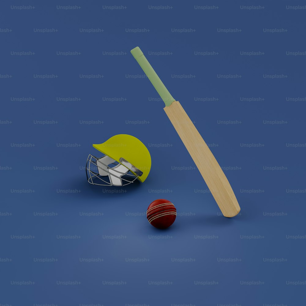 una mazza da cricket e una palla su uno sfondo blu