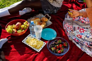 a woman sitting on a blanket with a bowl of fruit