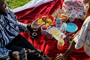 a group of people sitting around a table with food on it