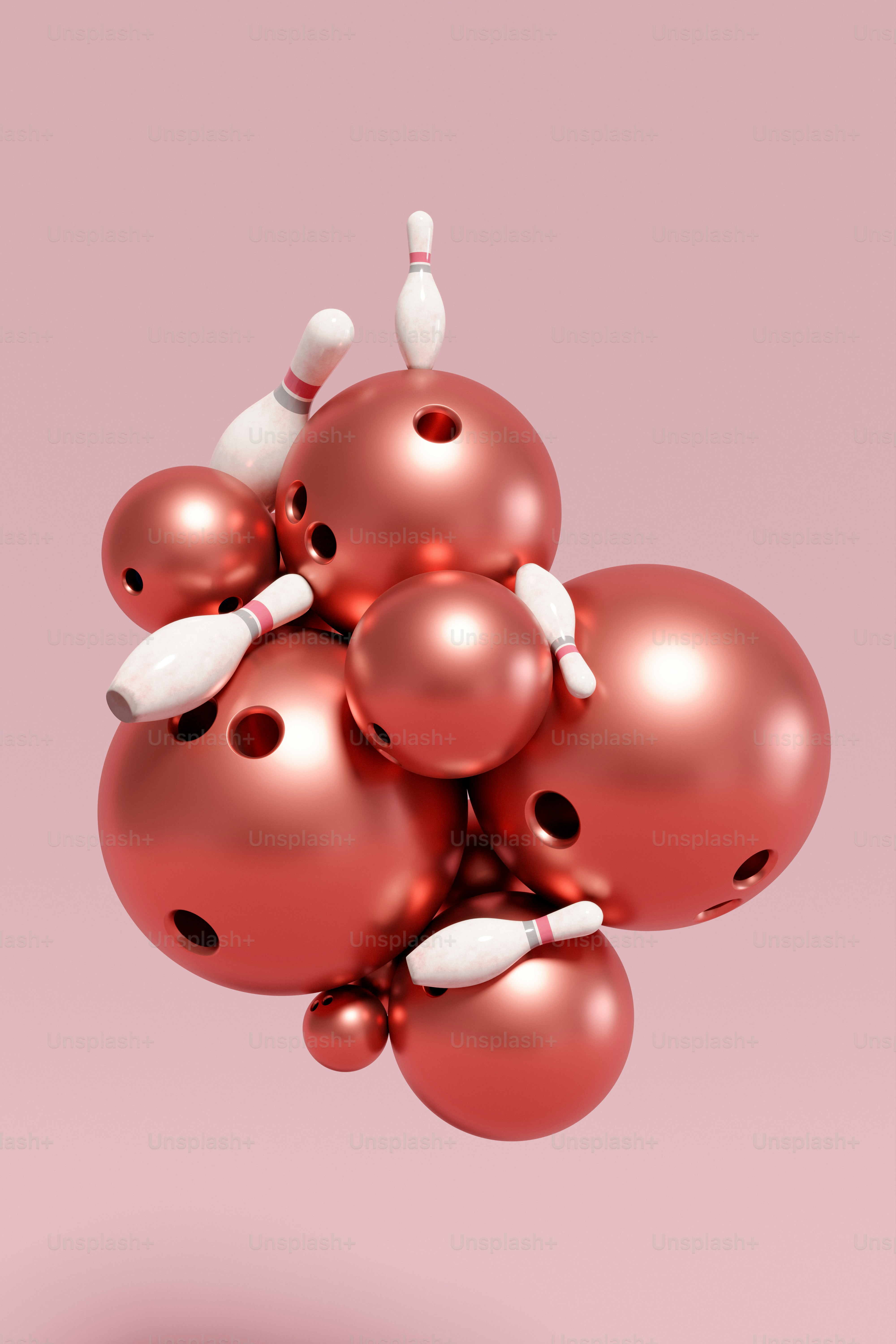 a bunch of red and white bowling balls