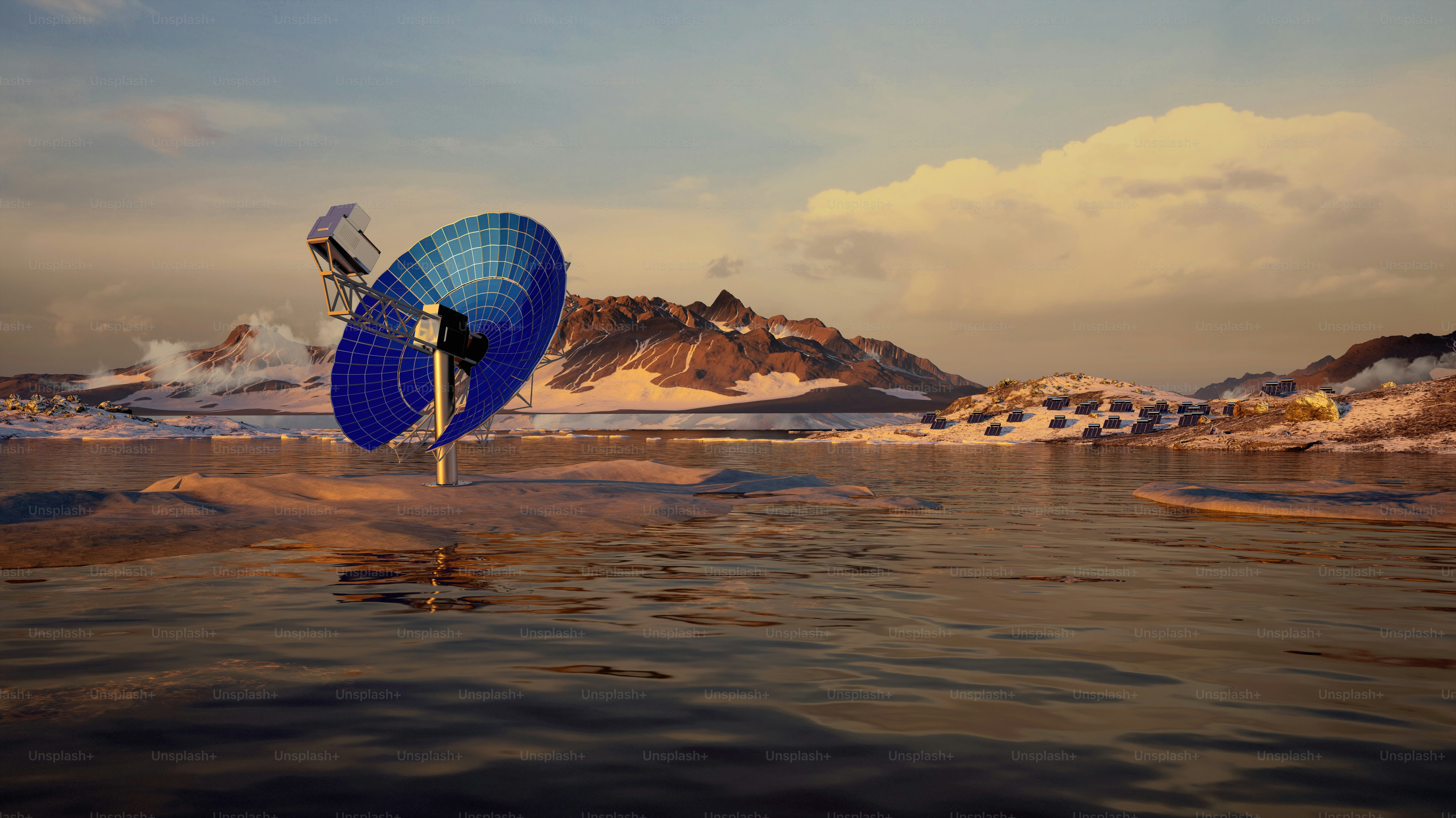 une antenne parabolique posée au-dessus d’un plan d’eau