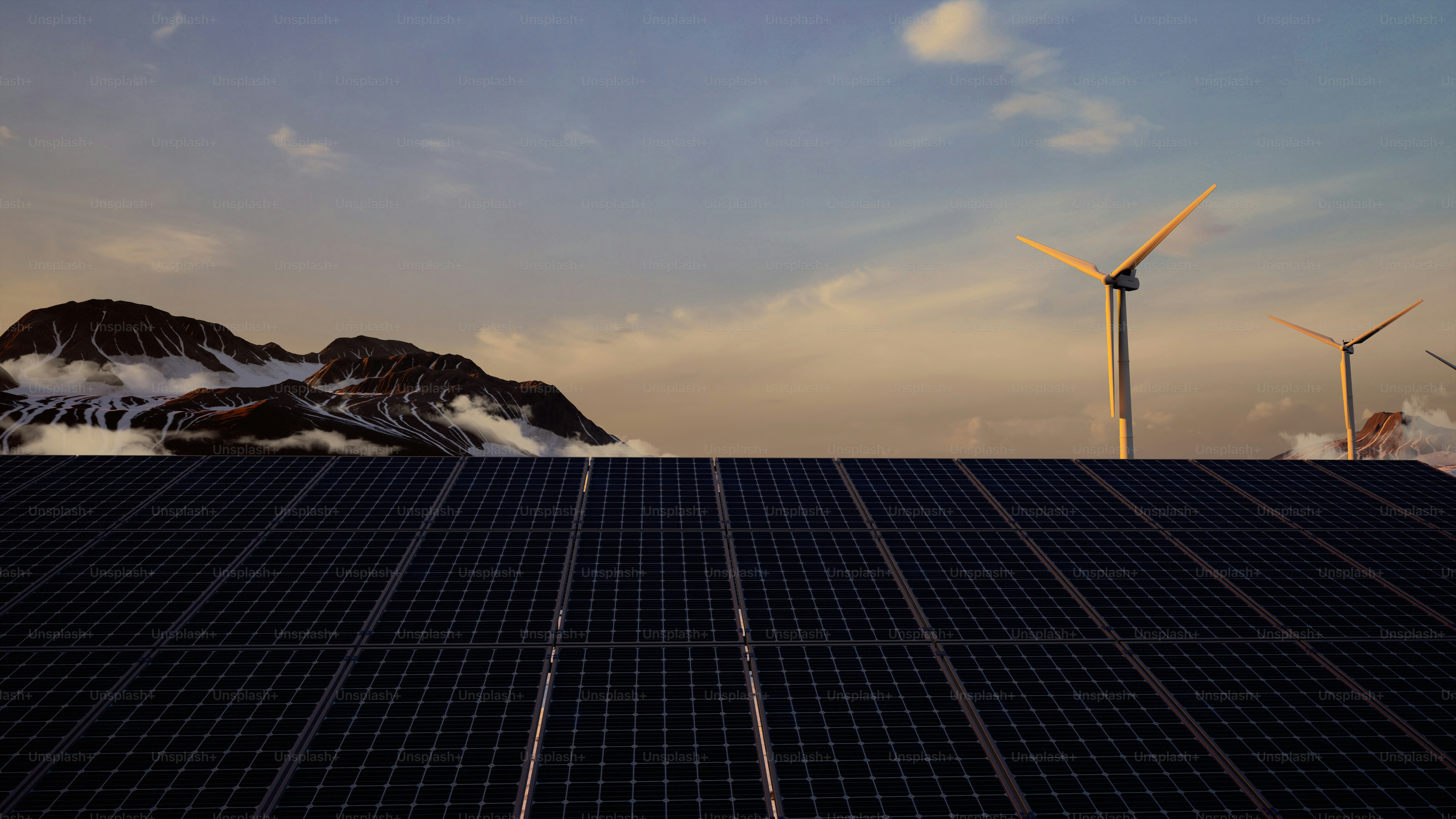 A solar panel with wind turbines in the background photo – Renewables ...