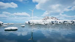 a group of windmills that are standing in the water