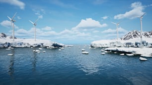 um grupo de moinhos de vento que estão parados na água